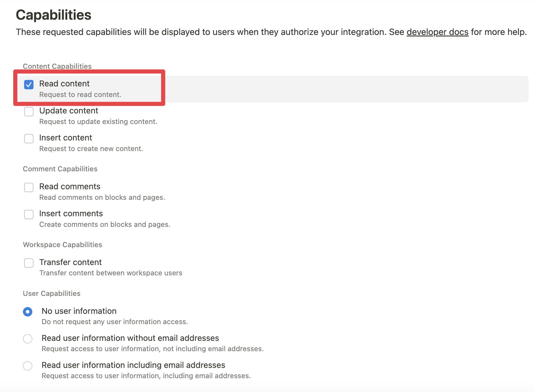 Notion Integration Token Capabilities showing Read content checked